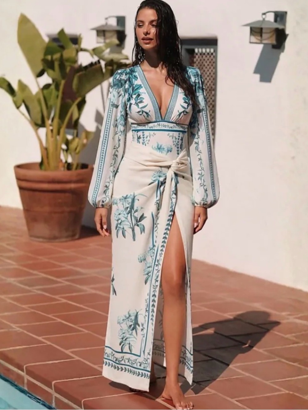 New Woman’s Dark Cyan Long Sleeved Floral Swimsuit Sarong Set